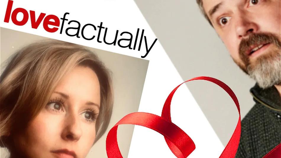 Couple looking at each other with a heart made from a red ribbon connects the two of them. Text: Lovefactually