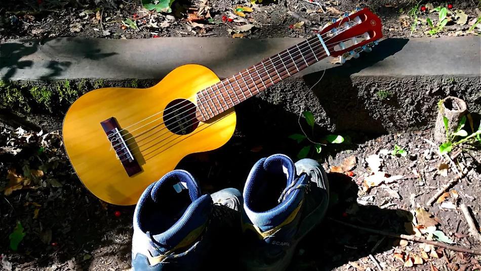 Guitar and a pair of walking boots, on a woodland step