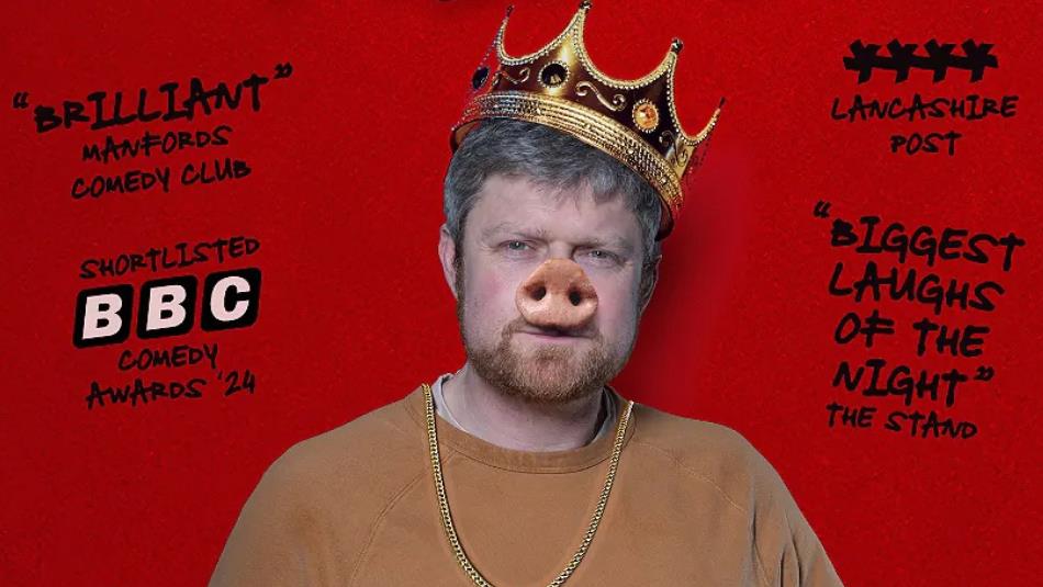 Person with a pig nose wearing a crown, looking sternly against a red background, reviews floating around them