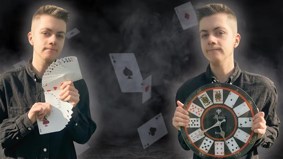 Two images of a person holding playing cards on a black background