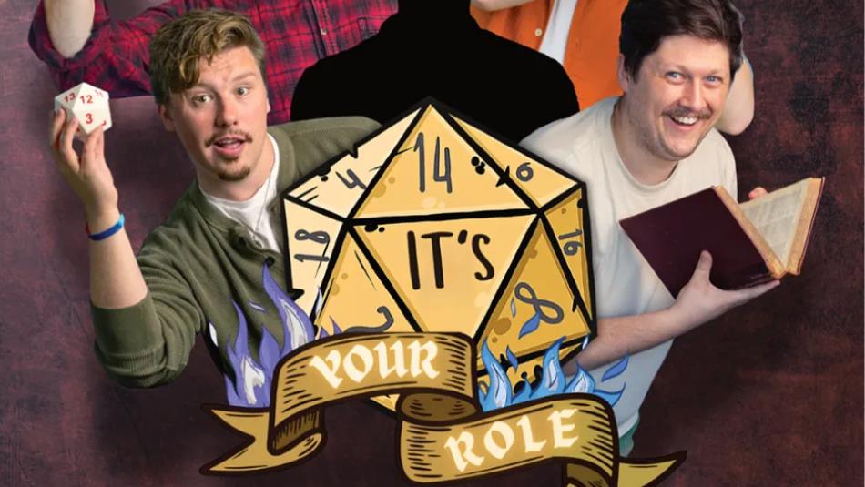 Two people leaning either side of a large dice, carrying an old book and another dice, looking excited.