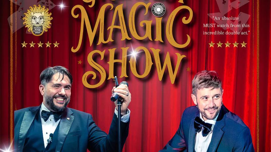 Two people wearing suits, in front of a red curtain and sparkling lights. Text reads Magic Show
