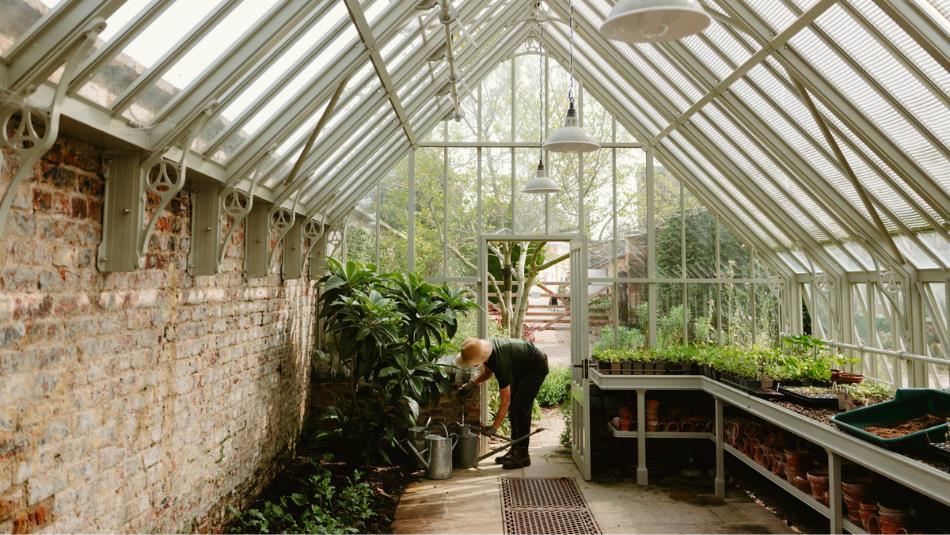 Gardening Through The Seasons with Becky Crowley – Autumn - Person tending to their green house, wearing a hat.
