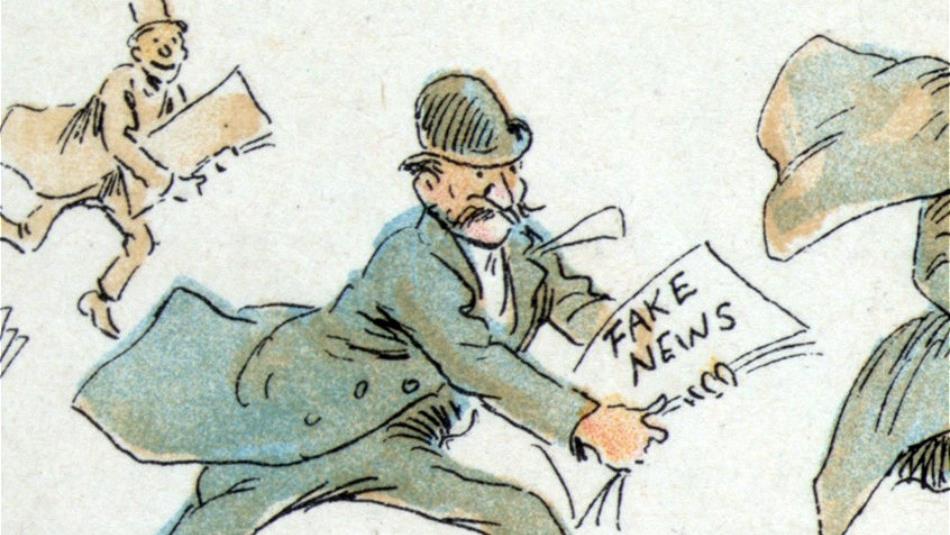 Illustration of people running in top hats and suits, holding paper which say fake news.