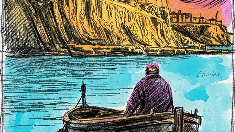 Illustrated image of a person in a small boat looking up at the industrial coastline.