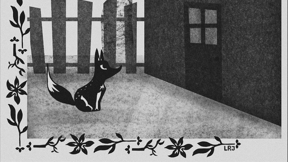 Illustration of a small fox sat outside of a door in the garden looking up longingly. The image is black and white