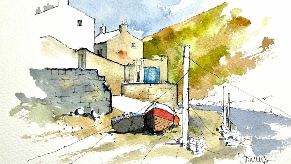 Line Drawing & Watercolour Workshop - Watercolour painting by John Harrison, two boats at the side of the water, brick houses tower above with a green
