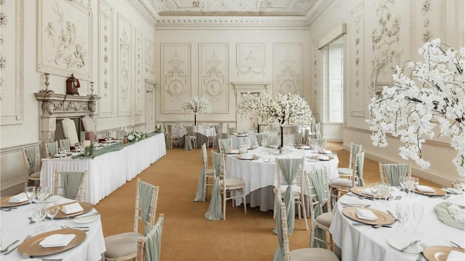 AI generated image of an elegant, wedding dining hall