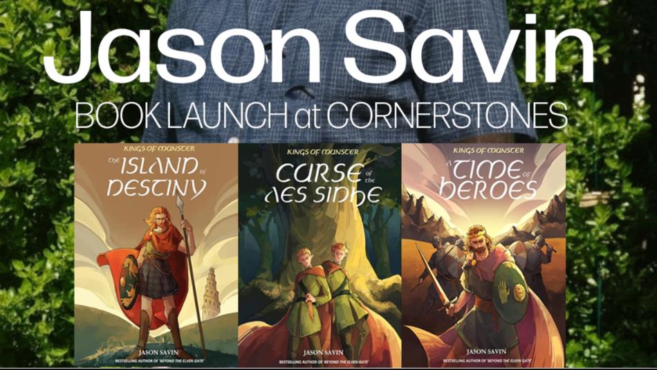 The author Jason Savin (with bald head, glasses, and a dark shirt) standing in front of a green bush. In front of him are the three books