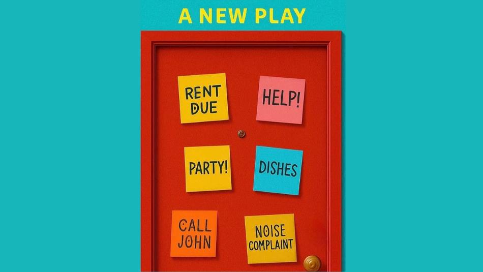 AI Generated image of a red door with post-it notes on a blue background