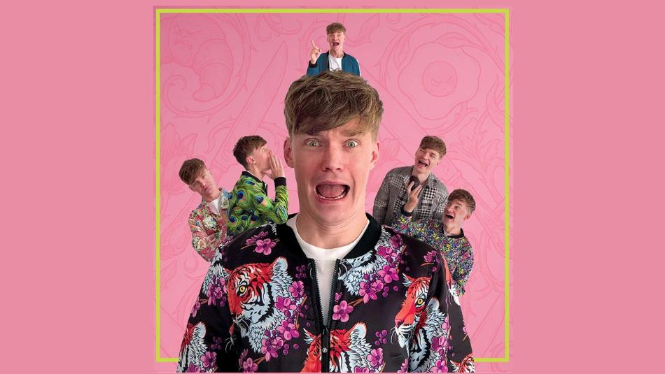 Person screaming, wearing a floral jacket, in the centre with smaller versions of themselves laughing on their shoulders, on a pink background