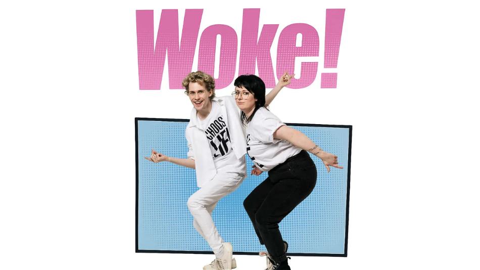 Two people wearing 'Choose Life' t shirts posing in front of an 80's style white and blue background