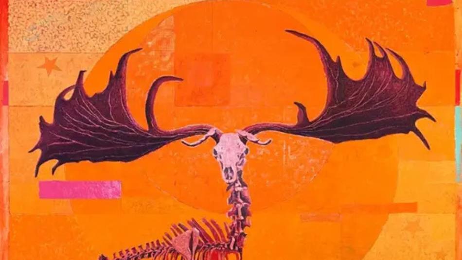 Artwork by Steven Lingstone of the skeleton of an animal with big antlers against a bright orange background