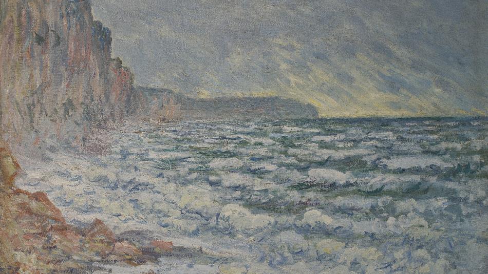 Impressionist seascape painting depicting a rocky shoreline with waves crashing against the coast.