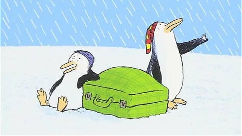 Illustration of two penguins with a suitcase.