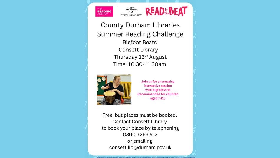 County Durham Libraries Summer Reading Challenge, 'Bigfoot Beats' at Consett Library, 13th August. Photo of person playing a drum.