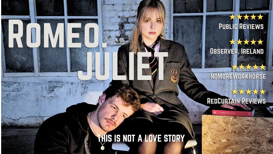 A girl in a school uniform sat with a boy hugging her legs. Text: Romeo.Juliet, this is not a love story