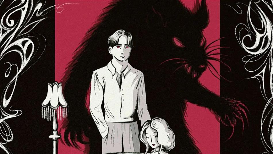 A couple sat together in a vintage setting with a large rat silhouette looms in the background. The image is illustrated.