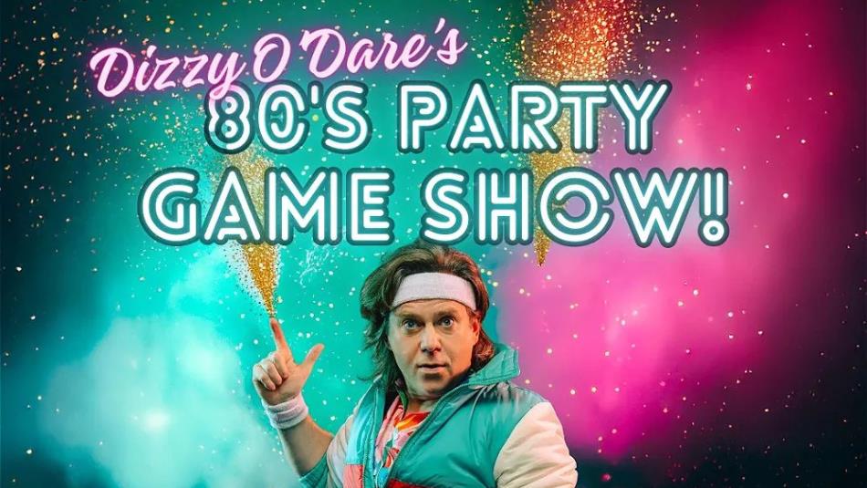 80's themed galaxy background with a person dressed in an 80s headband and jacket beneath the text, 'Dizzy O'Dare's 80's Party Game Show!'