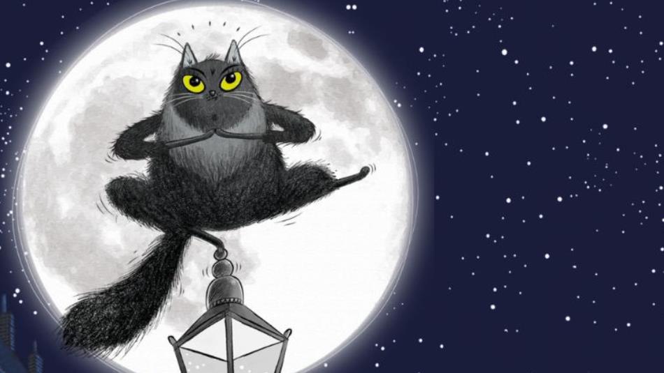 Black cat sat in a ninja pose on top of a vintage lap post, illuminated by the full moon behind with the starry sky.