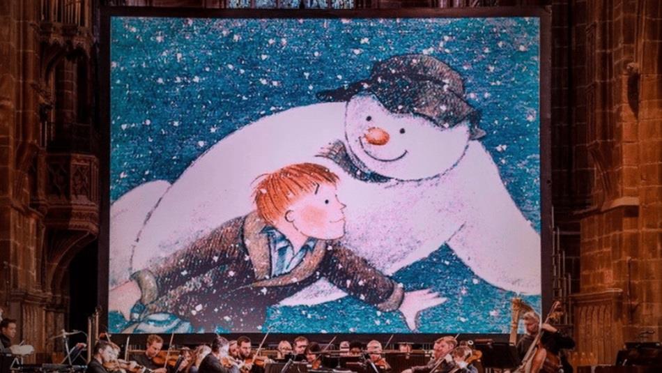 Snowman animation on the big screen with a live orchestra.
