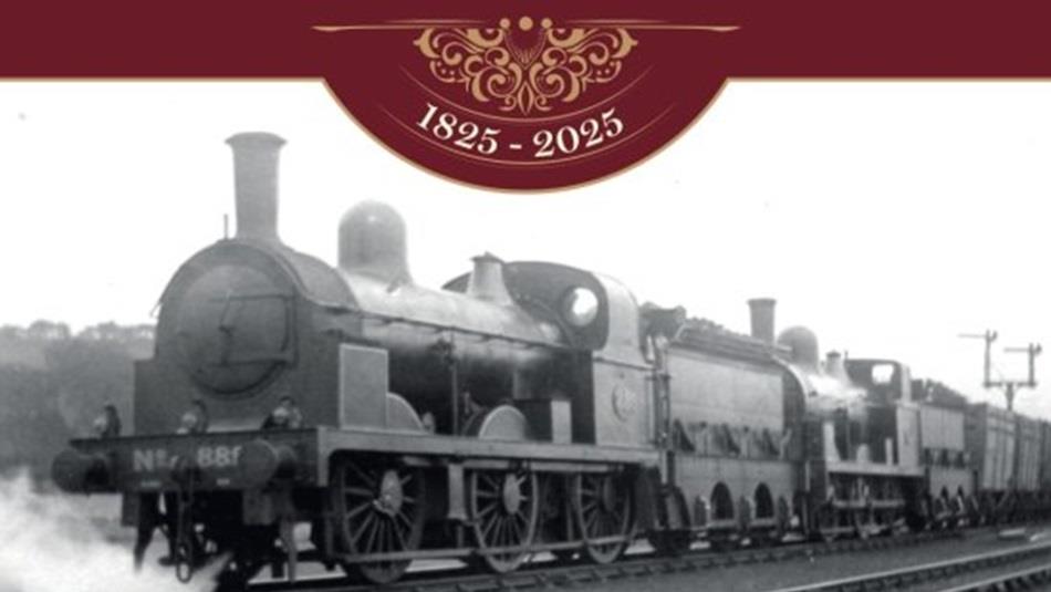A steam train with the dates 1825 - 2025 as a header