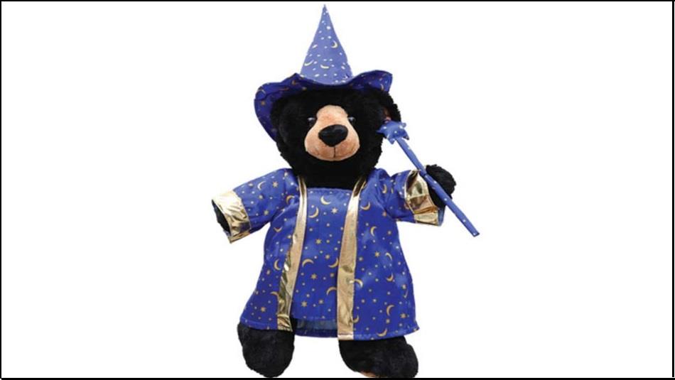 A teddy bear dressed as a wizard