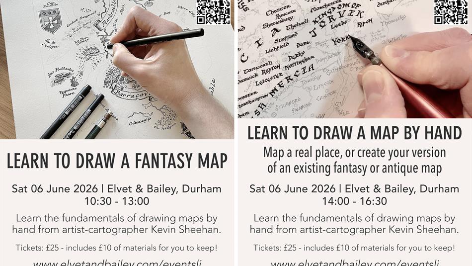 Learn to draw a map by hand fantasy real place or antique map from artist cartographer Kevin Sheehan at Elvet and Bailey on Saturday 06 June.