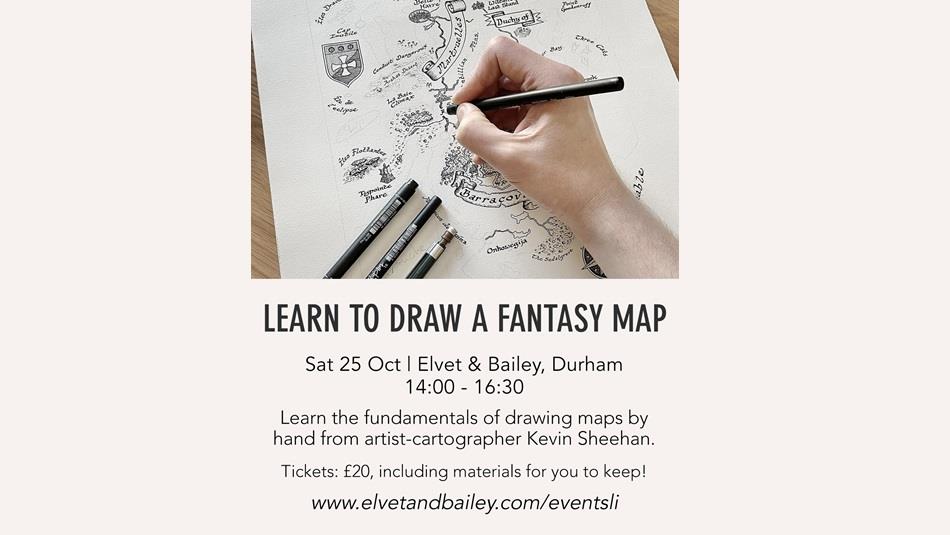 Workshop learn to draw a fantasy map by hand with picture of artist Kevin Sheehan drawing a map with pen and ink