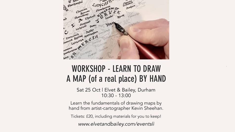 Workshop learn to draw a map of a real place by hand with picture of artist Kevin Sheehan drawing a map with pen and ink