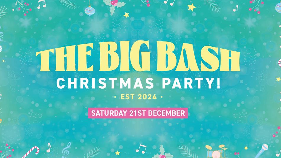 Text reads. 'The Big Bash Christmas Party' against a background of musical notes, snow, candy canes, holly and microphones