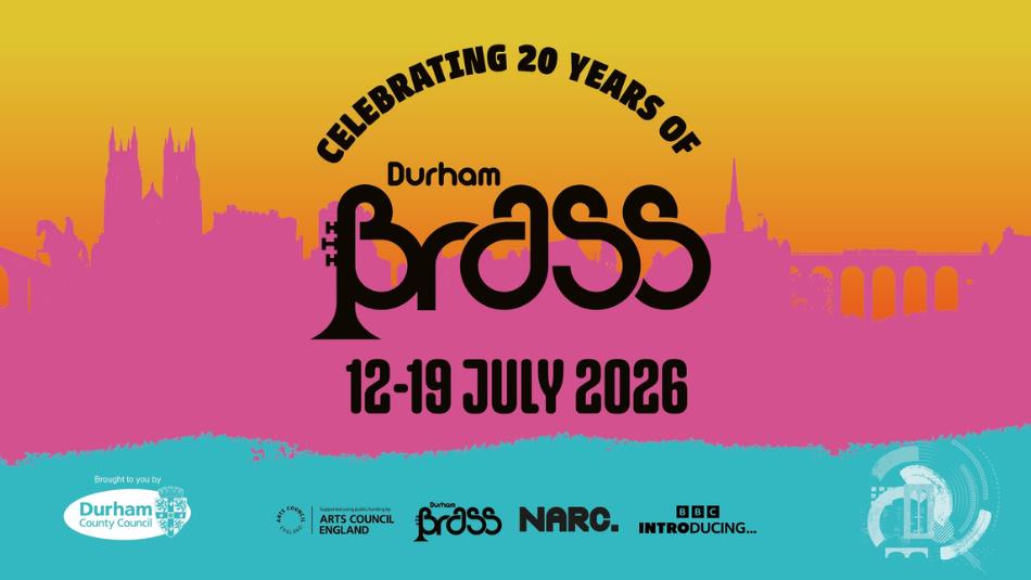 Durham Brass Festival logo on colourful backdrop of Durham.