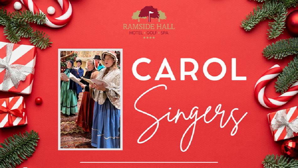 Image of carol singers in antiquated clothing, candy canes, presents and fir trees.
