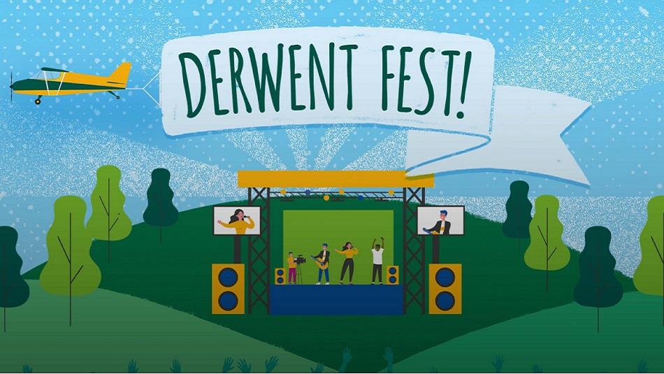 Cartoon image of the performance area with a stage, trees, hills and a yellow aeroplane with a banner with wording Derwent Fest!