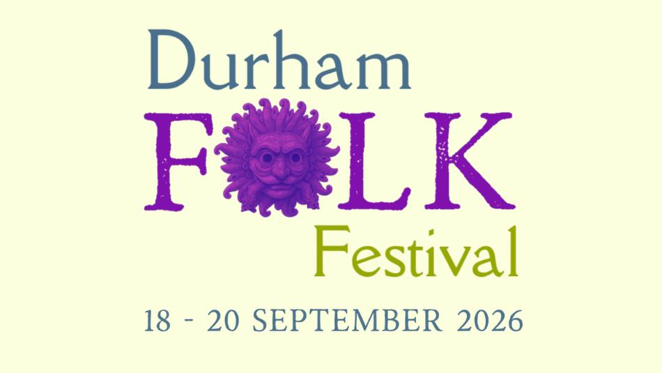 A text logo on a yellow background, with the Sanctuary knocker featured. Durham Folk Festival