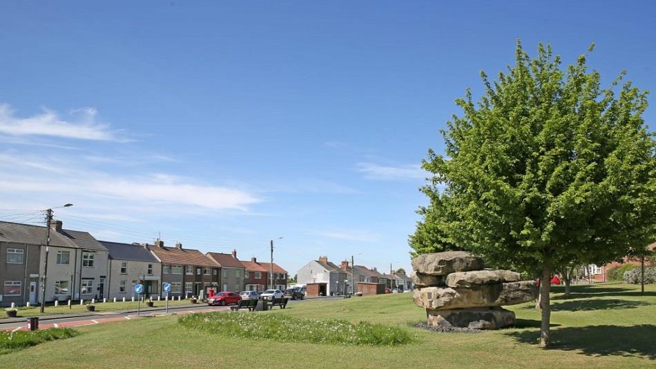 Fishburn front street, Tree, village green, houses, road