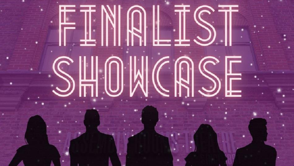 Finalist Showcase printed on purple background and the silhouettes of five people