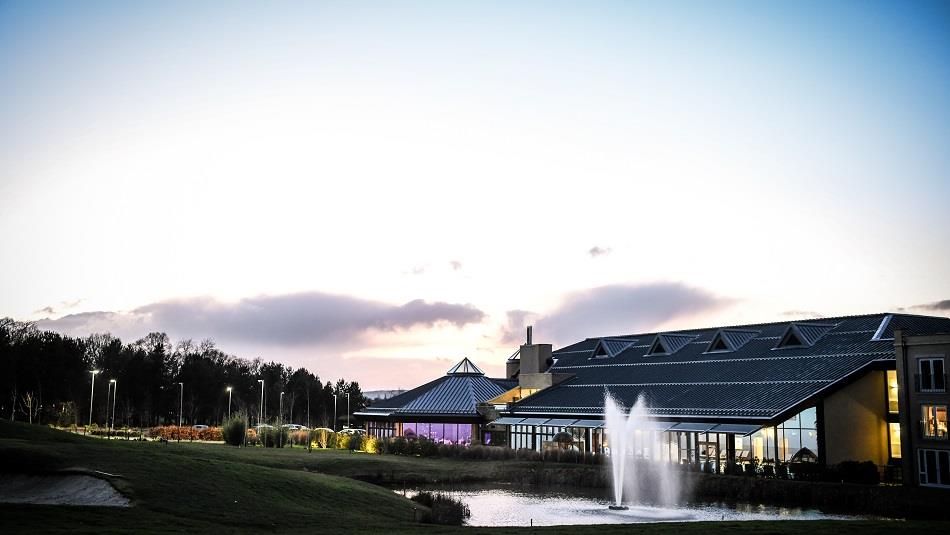 View of the rear exterior of Ramside Hall with fountain