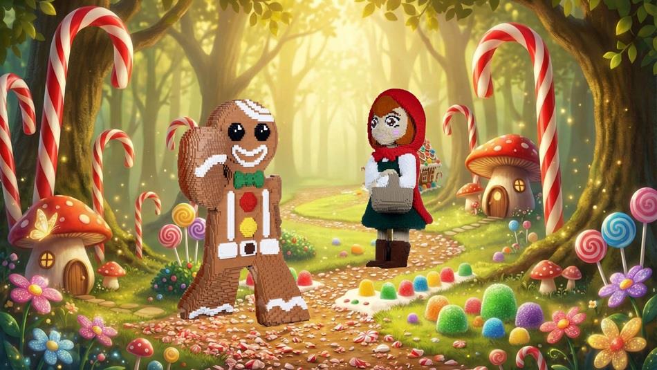 Enchanted Forest showing The Gingerbread Man, candy canes, Toadstool houses and Little Red Riding Hood.