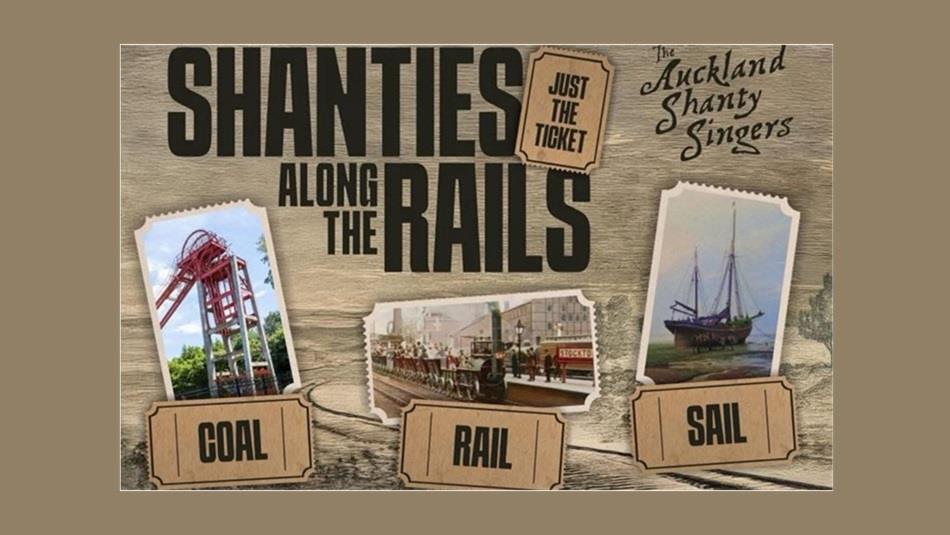 Shanties along the Rails with images of coal mine shaft and wheel, railway and ship