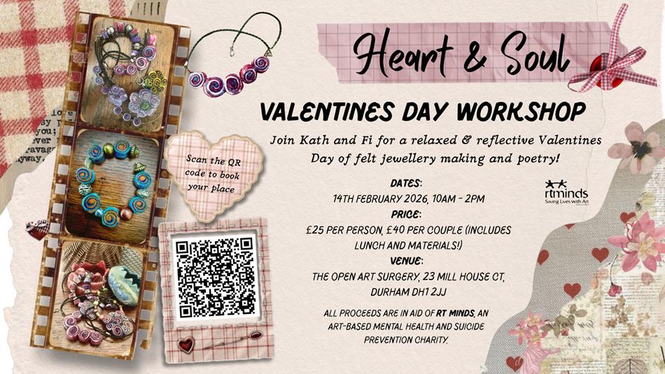 Event advertising poster showing date, time, location and cost and images of crafts.