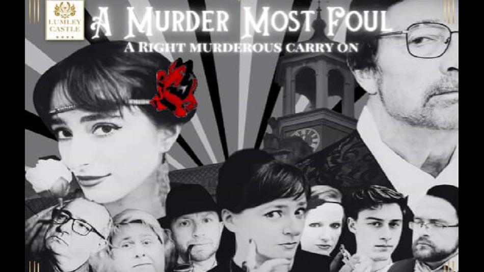 Black and white image of a group of Murder Mystery characters looking inquisitive.