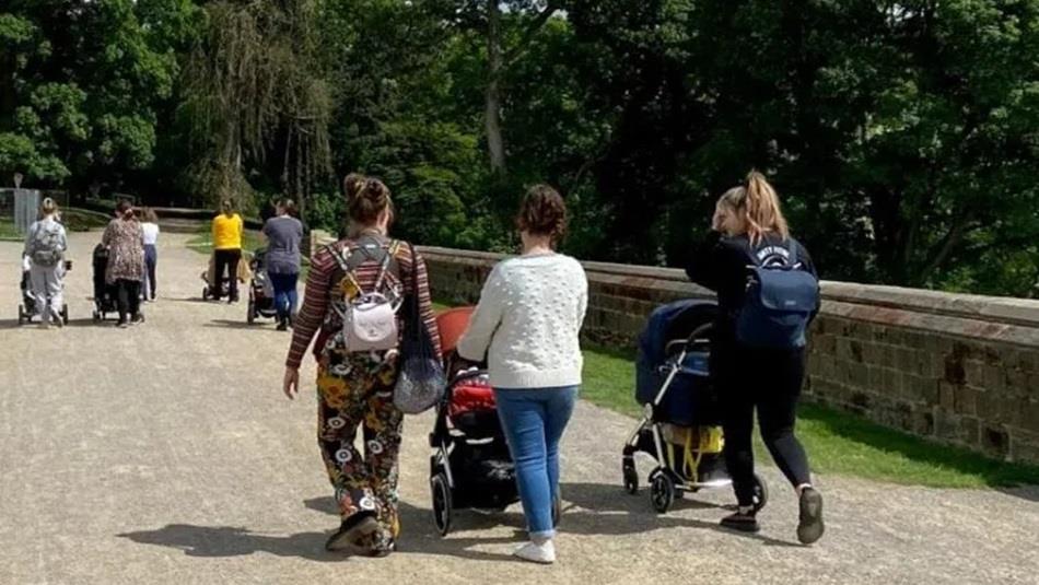 A group of women with pushchairs going for a walk in the sunshine