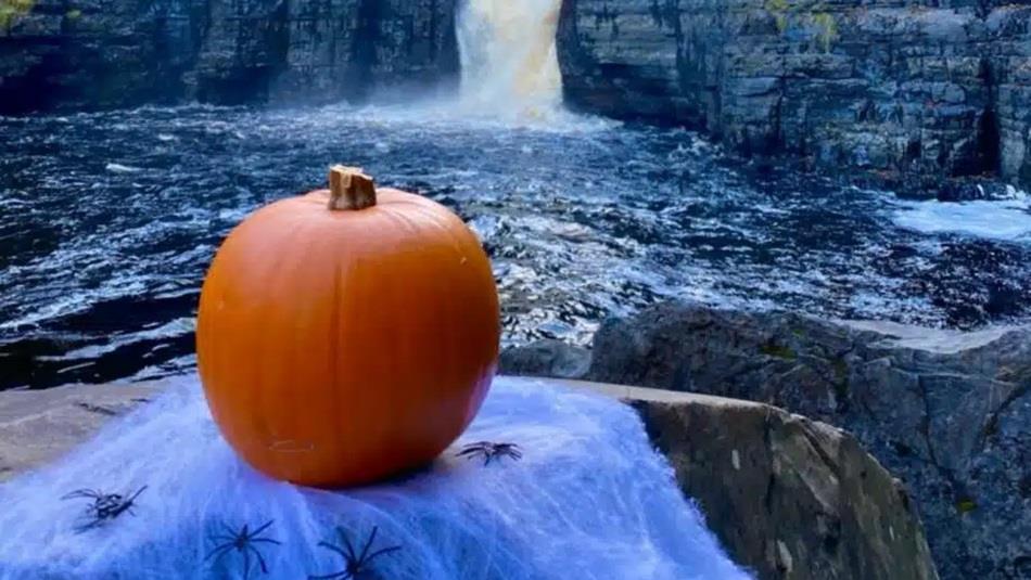 A pumpkin on a rock at High Force Waterfall