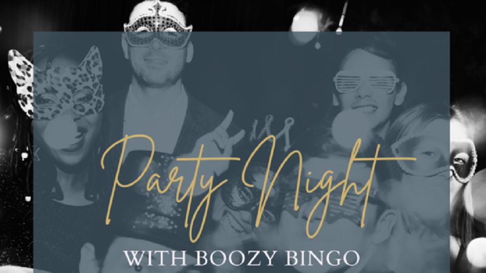 'Party Night with Boozy Bingo' - black and white photo of revellers