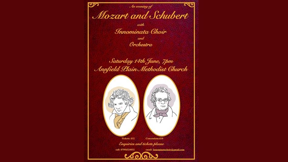 Event advertising poster with images of Mozart and Schubert