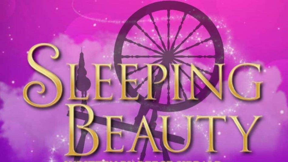 Illustration of a spinning wheel and text which says, 'Sleeping Beauty'.