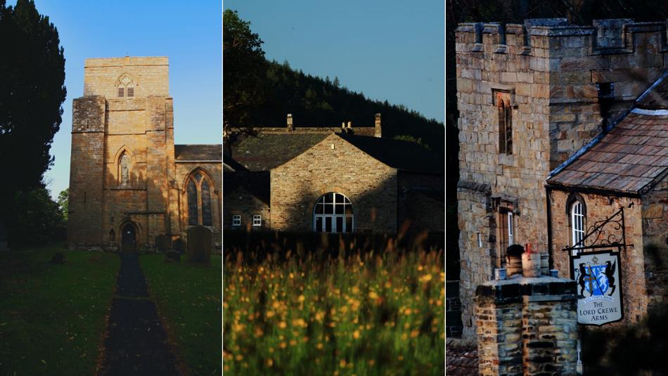 3 images of Blanchland, Consett. The Abbey Church, St Marys, Blanchland Village Hall from across a summer meadow and the Lord Crewe Arms Hotel.