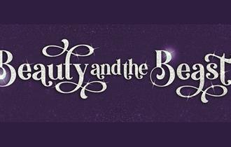 Beauty and the Beast written in white on a purple sparkled background.