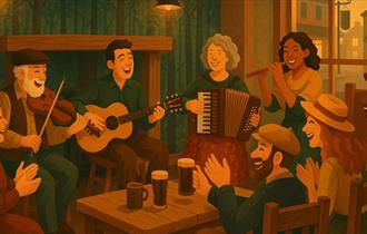 Cartoon image of a group of people sitting around a table playing musical instruments